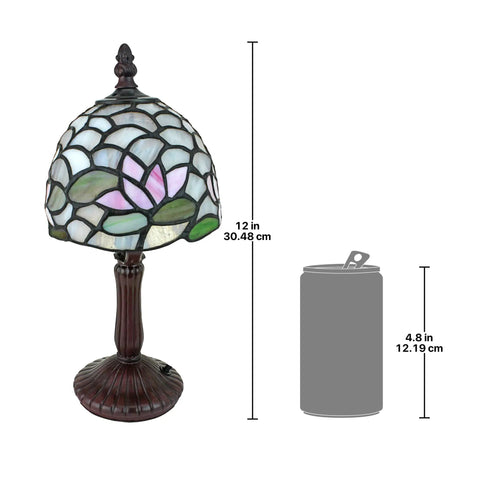 Lotus of Monet's Garden Petite Tiffany Style Table Lamp 12 Inch Full Color Glass Shade with a can for scale comparison