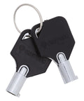 Close-up of two black AED cabinet keys with silver metal tips and ring