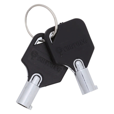 Close-up of two black AED cabinet keys with silver metal tips and ring