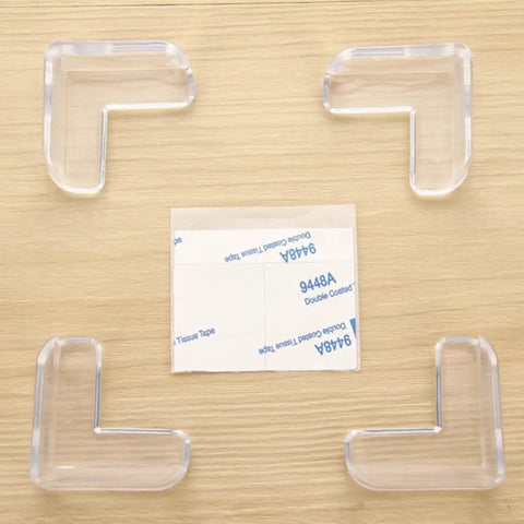 Peel and stick corner protectors for furniture, 30 pack PVC edge guards shown with adhesive on wooden surface