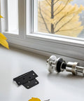 Beefy Heavy Duty Shed Hinges For Barn Doors And Fence Gates Five Pack Silent Movement Metal Hinges displayed on window sill.