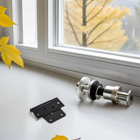 Beefy Heavy Duty Shed Hinges For Barn Doors And Fence Gates Five Pack Silent Movement Metal Hinges displayed on window sill.