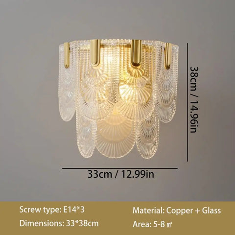 Wall Sconce Lights Indoor Bedroom Hallway Modern Art,Gold Brass,Layered Clear Textured Shell Glass Shade,s,for Living Room,Foyer with detailed glass shade