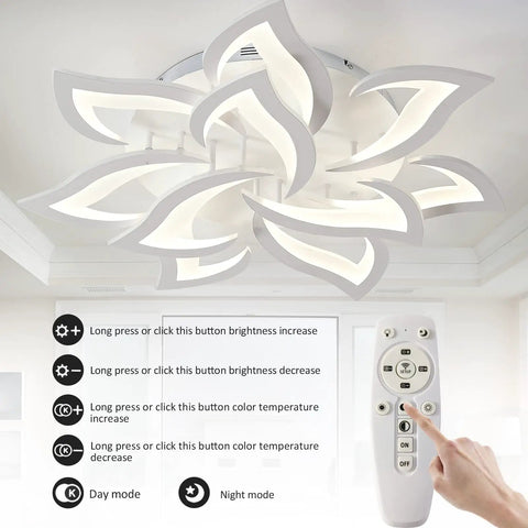 Modern 10 Head Dimmable LED Ceiling Light With Remote Control, Metal And Acrylic Petal Design, Remote Features Displayed