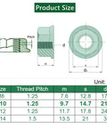 Product size chart showing dimensions for Twenty Piece Pack Of M10 X 1.25mm Metric Hex Serrated Flange Lock Nuts.