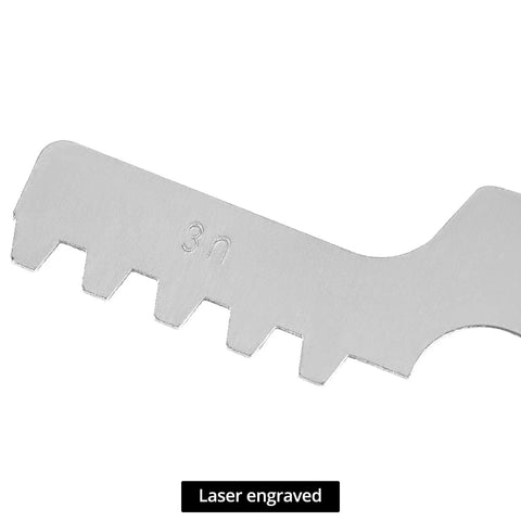 Close-up of 29 Degree Acme Screw Pitch Gauge Set 16 Piece Steel Thread Pitch Measuring Tool with laser engraved scale.