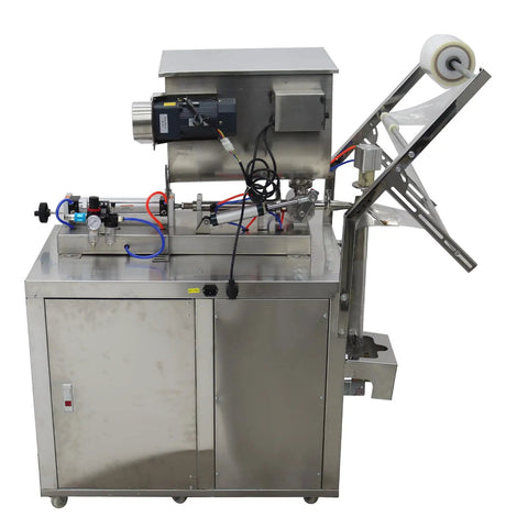 Industrial Grade Game Changer Automatic Paste And Liquid Filling Machine With Quick Mix Hopper For Thick Sauces Honey Olive Oil Vinegar Auto Bag Sealer Plus Cutting System 110V stainless steel construction with filling system and auto sealer.