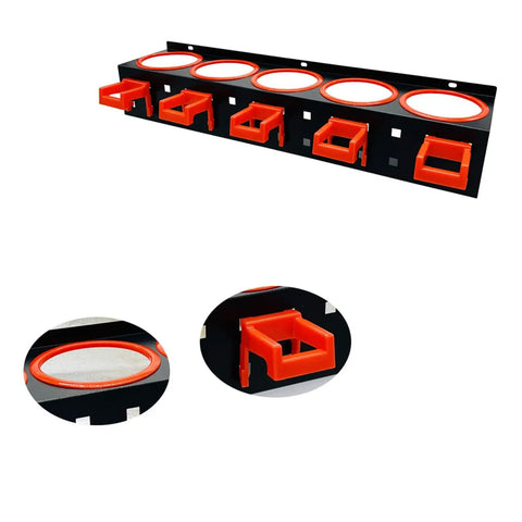 Extra Sturdy Carbon Steel Wall Storage Rack for Spray Bottles and Workshop Tools Built Like a Beast with Hella Room for Clutter and Easy Installation Anywhere in Your Space, showcasing black with orange accents.