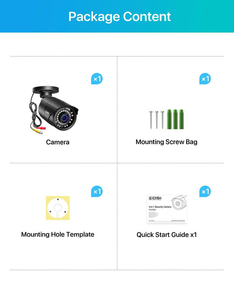 Package contents for 2MP 1080p Hybrid 4 In 1 HD CVI TVI AHD CVBS Bullet Security Camera For Indoor Outdoor Use, including camera and accessories.