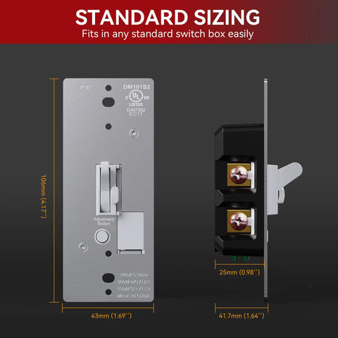 Back view of Dope Slide Dimmer Switch For Dimmable LED CFL And Incandescent Lights, 600 Watt Max, showing dimensions and fittings.