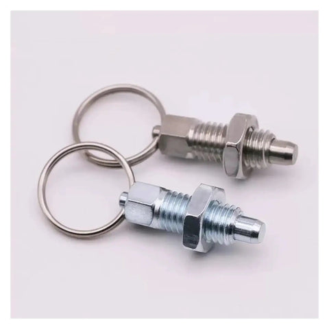 Heavy Duty Stainless Steel Spring Plunger Index Lock Pin Set Two Piece M16 Threaded Pull Ring positioning knobs with keyrings.