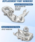 Heavy Duty Battery Terminal Set Positive 926603 Compatible With Ford Super Duty F250 F350 F450 And Silverado 1500 2500 3500 Pickup Trucks Plus Negative Terminal BT4A14450BA Replacement showing positive and negative terminal clamps.