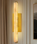 Set Of Two 25 Inch Brass And Natural Alabaster Wall Sconces Featuring Authentic Spanish Marble Veins For Bathroom Bedroom Or Hallway Total Game Changer Lighting