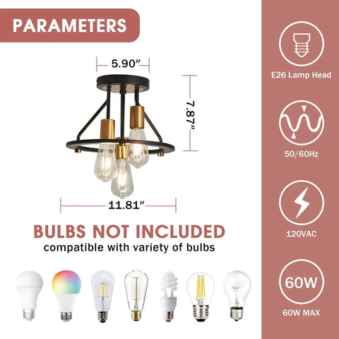 Industrial Semi Flush Mount Ceiling Light Fixture Three Light Dope Matte Black And Gold Chandelier E26 Farmhouse Ceiling Lamp