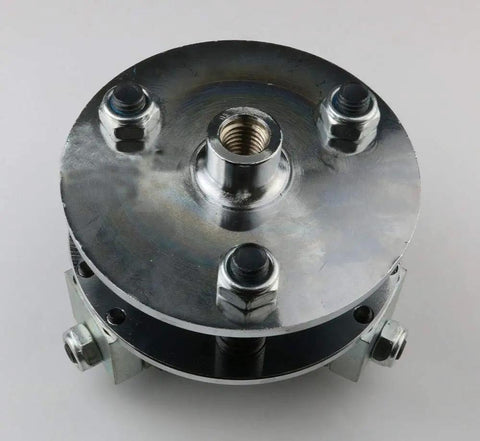 Top view of Five Inch Litchi Surface Bush Hammer Plate For Angle Grinder With 5/8-11 Thread showing threads and rollers.