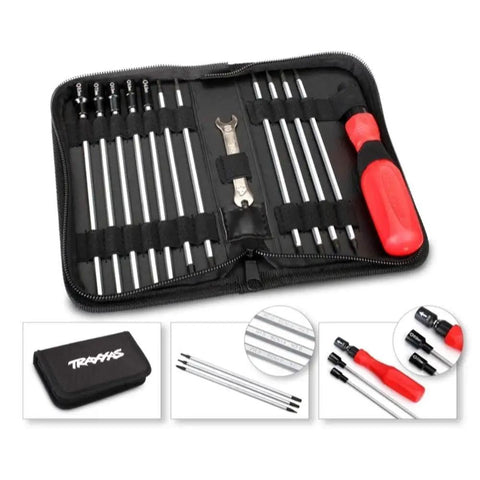 All In One RC Tool Kit With Pouch And Carry Case Including Hex Nut Drivers 1.5mm To 4mm, Six Hex Drivers, Five Nut Drivers, wrench, red handle