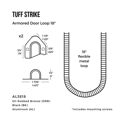 Power Transfer Wire Conduit Kit For Electrified Commercial Exit Doors With Alarmed Security, 18 Inch Length, Three Eighths Inch Diameter, No Brainer Easy Install, Finishes In Black Aluminum Or Oil Rubbed Bronze. 18-inch flexible metal loop with dimensions