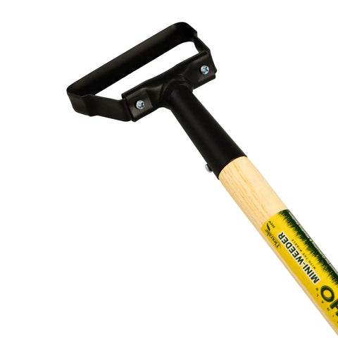 Close-up of Hula Hoe Oscillating Stirrup Weed Cutter With 16 Inch Wood Handle And Rubber Grip Quick Root Level Weeding