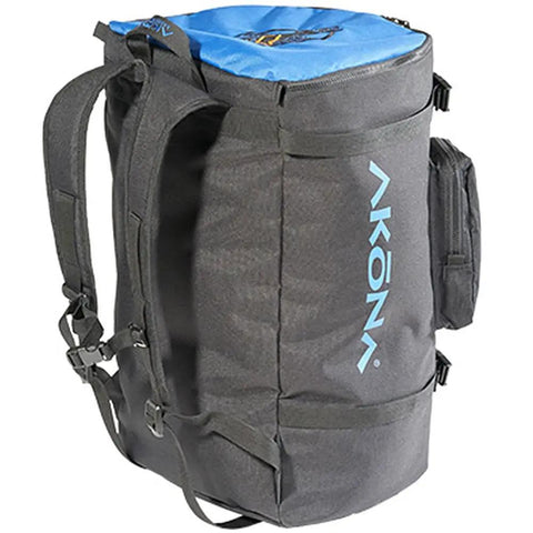 Globetrotter All In One Carry On Dive Backpack Blue Airport Ready Hassle Free Gear Hauler with side view of straps and Pro Reg Bag pocket.