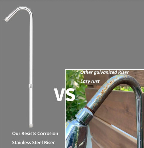 Comparison of rustproof stainless steel riser vs rusted galvanized riser of Outdoor Shower Fixture System With Rustproof Riser And Extension.