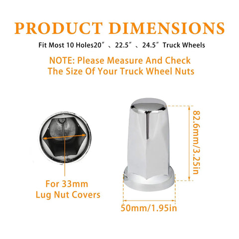 33mm 3.25 Inch Height Chrome Plastic Lug Nut Covers for Semi Trucks Push On ABS Caps With Flange Anti Rust Universal Fit dimensions