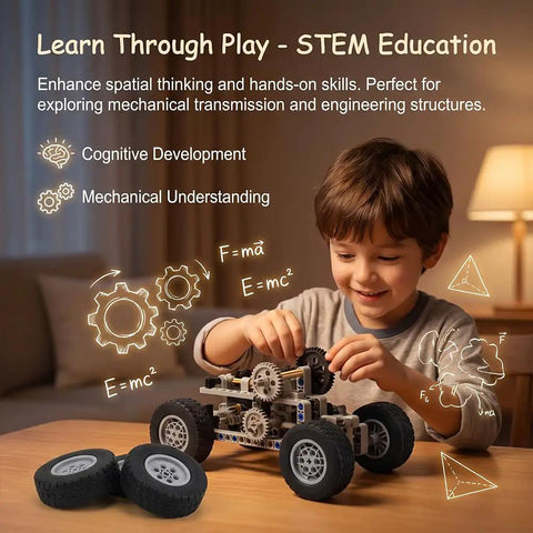 Top Tier Replacement Tires And Rims For Building Blocks 62 mm By 20 mm Rubber Wheels With 43 mm Exact Fit Holes shown with toy vehicle.