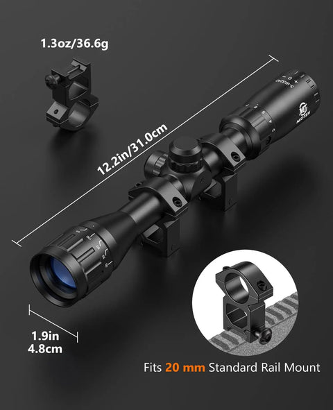 3-9x32 AO Rifle Scope With R4 Reticle And 20mm Mounts, High Clarity Dope Optics, dimensions overlay and mount detail