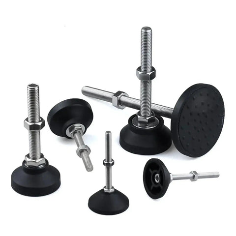 Heavy Duty Adjustable Leveling Feet 8 Pack Rock Solid Swivel Base Furniture Legs For Cabinets Shelves Workbenches Rustproof M12 Thread 50 Millimeter Diameter Anti Vibration Support Studs, assorted angles with rubber bases and threaded metal rods.