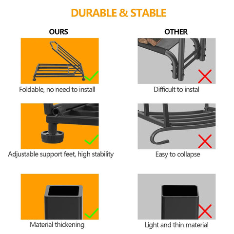 Comparison of foldable firewood rack features versus conventional racks, highlighting ease of use and stability.