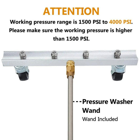 Beefy 13 Inch Undercarriage Cleaner For Pressure Washers showing wand and casters with pressure range notice 1500 to 4000 PSI