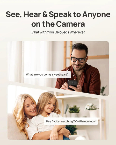 4K UHD Indoor Security Camera For Pets And Baby With Phone App 360 Degree Pan Tilt Dual Band Wi Fi 6 Auto Tracking advert showing family use