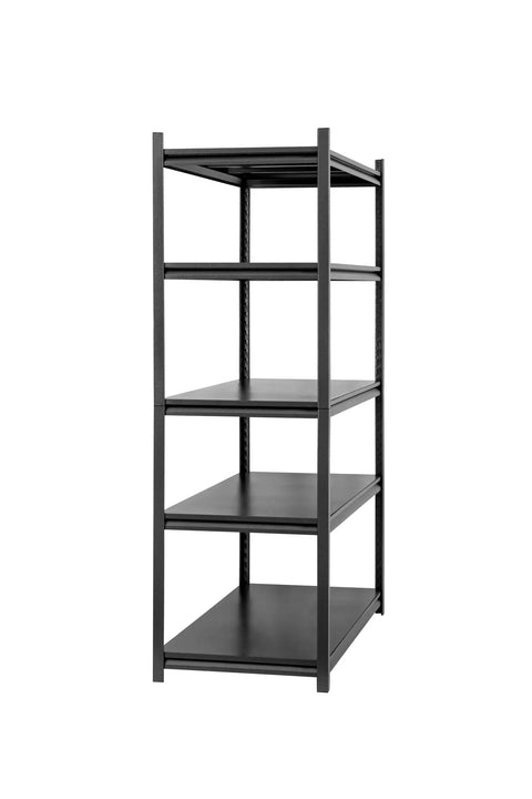 Heavy Duty 48 Inch Wide Garage Shelving Unit With 5 Tiers, Sturdy Metal Storage Shelves For Tools And Gear, Extra Large Steel Rack System For Easy Organization And Durable Garage Setup. Black steel 5-tier garage shelving unit with adjustable shelves