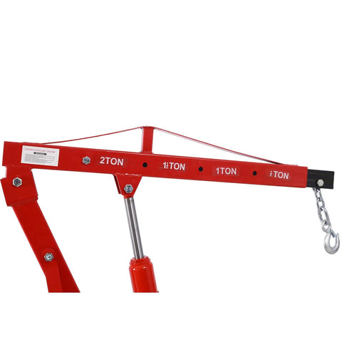 Built Like a Tank Two Ton Folding Engine Hoist And Cherry Picker Shop Crane showing adjustable lift settings and hydraulic arm.