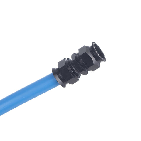 Black 3/4-inch union air fitting on blue 3/4-inch ID tubing