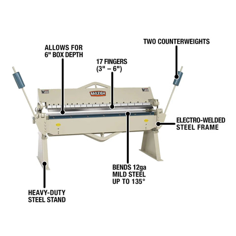 Workhorse 72 Inch Box And Pan Brake For 12 Gauge Steel, 135 Degree Bend, With 17 Hardened Fingers, Three Piece Design