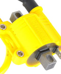 Close-up of yellow universal high performance ignition coil for 2 stroke and 4 stroke engines, visible terminals and housing.