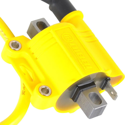 Close-up of yellow universal high performance ignition coil for 2 stroke and 4 stroke engines, visible terminals and housing.