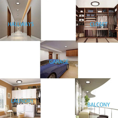 Motion Sensor LED Ceiling Light With Adjustable 30s 180s Timeout, 1500 Lumens, 15W, Round Bronze Fixture in various rooms