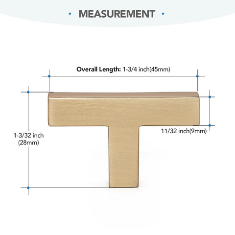 Set Of 30 Solid Single Hole Slim Square Bar Cabinet Pulls In Champagne Bronze Finish showing dimensions