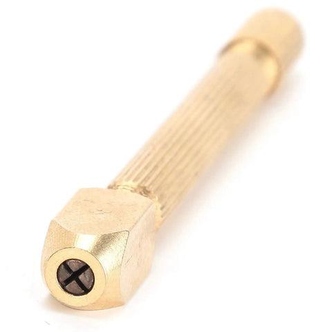 Close-up of dope copper pin vise hand drill with interchangeable heads for tiny needles and drill bits on white background