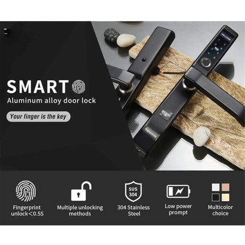 Hella Secure Fingerprint Smart Door Lock With Keyless Code Card and Mechanical Key Backup Waterproof Outdoor Biometric Electronic Deadbolt on wooden surface