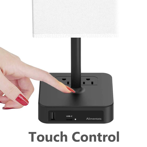 Touch Control Bedside Table Lamp With USB-C USB-A Ports And Two AC Outlets, LED Desk Light, minimalist design, touch control feature.
