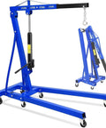 Grease Monkey Approved Folding Engine Hoist With Adjustable Telescopic Boom and Rock Solid Heavy Duty Steel Build, blue design and caster wheels.