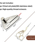 Leather Stitching Punch Aid Plate And Crane Scissors Kit For Leather Crafting, showing stainless steel plate and scissors.