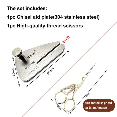 Leather Stitching Punch Aid Plate And Crane Scissors Kit For Leather Crafting, showing stainless steel plate and scissors.