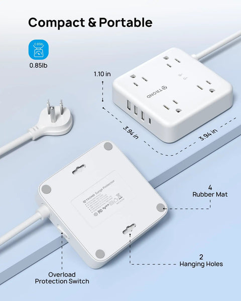 Compact All In One Surge Protector Power Strip With USB Ports 10ft Flat Plug Extension Cord Eight In One Charging Station display