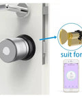 Fuss Free Fingerprint Smart Lock Door Knob Handle close-up on a white door with scanner and app for keyless entry.