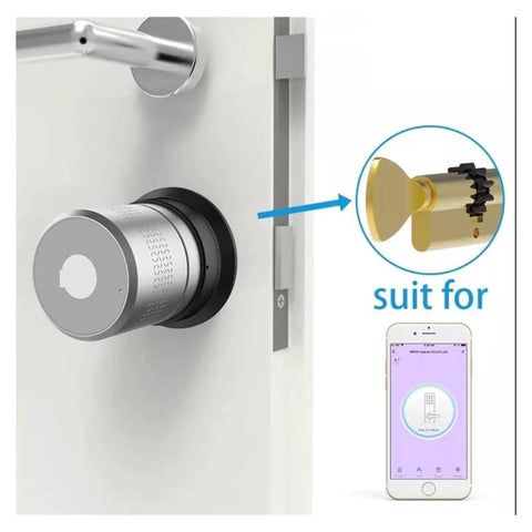 Fuss Free Fingerprint Smart Lock Door Knob Handle close-up on a white door with scanner and app for keyless entry.