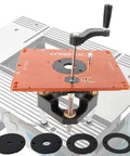 Killer Precision Router Lift System With 3.5 Inch Carriage For DeWalt Bosch Porter Cable Craftsman Tables mounted on a workbench.