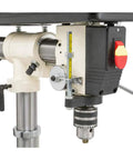 No-Fuss Shop Floor Beast Benchtop Radial Drill Press close-up showing motor, chuck, and adjustable features.